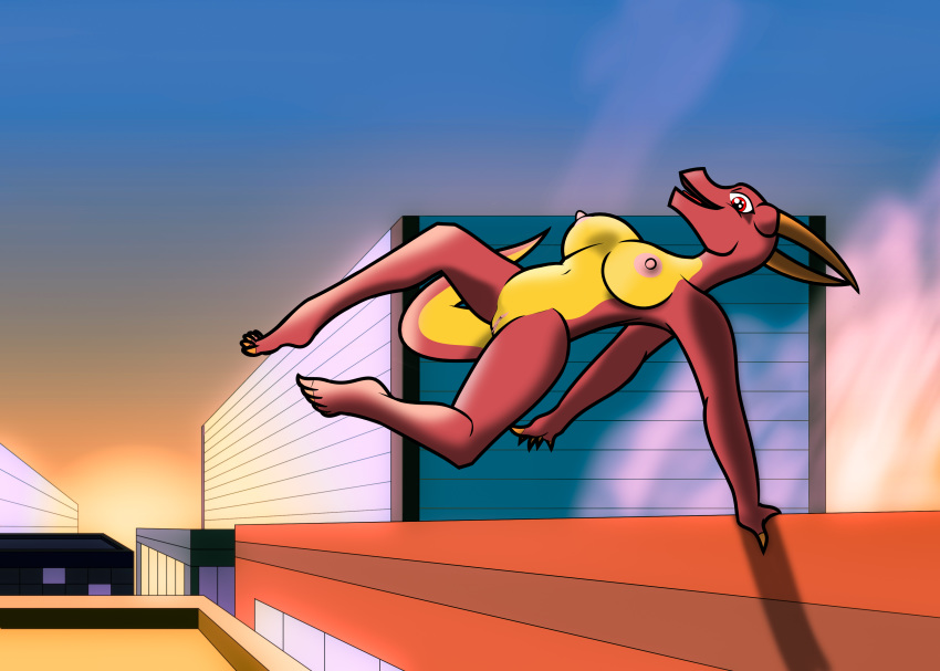 absurd_res anthro belly breasts city claws dododragon56 dragon feet female genitals grabbing hi_res horn jumping looking_at_viewer nipples non-mammal_breasts nude open_mouth pussy reptile rooftop scalie smile solo solo_focus spread_legs spreading wingless_dragon