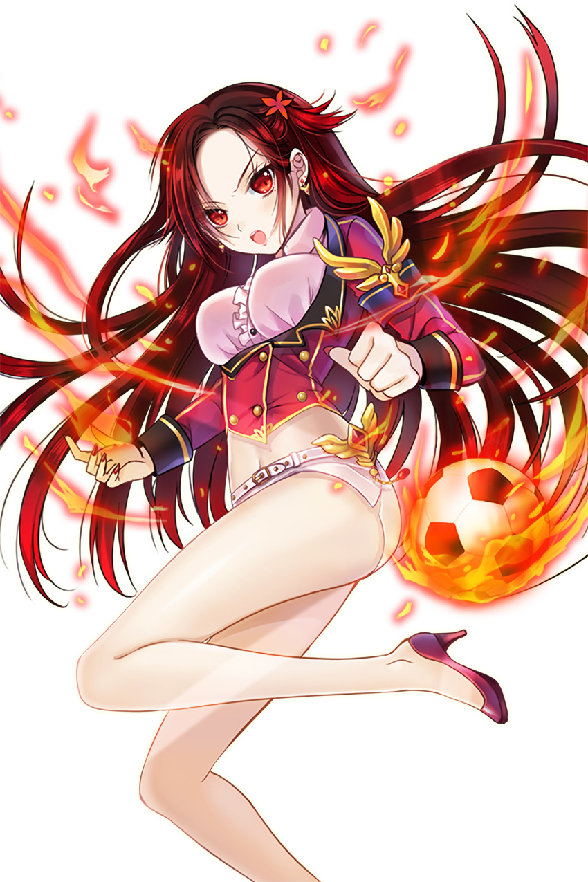 1girl ball choker earrings fire gradient hair_ornament highres jewelry long_hair looking_at_viewer nail_polish official_art open_mouth pink_footwear ratise red_eyes red_hair red_nails sharr_(soccer_spirits) soccer_ball soccer_spirits solo transparent_background underwear