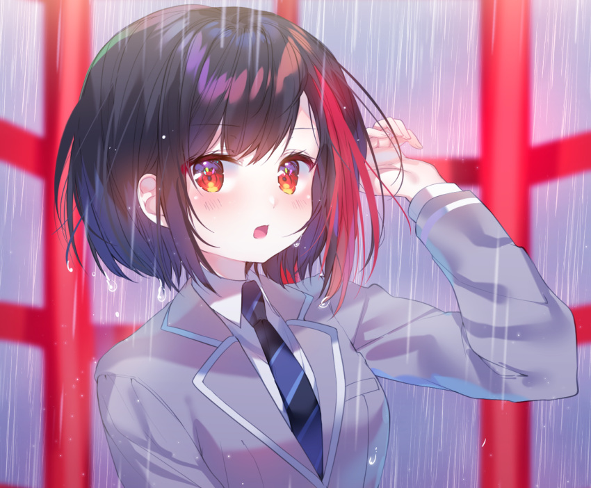 bang_dream! black_hair blush cropped mitake_ran rain red_eyes school_uniform short_hair tie urim_(paintur) water