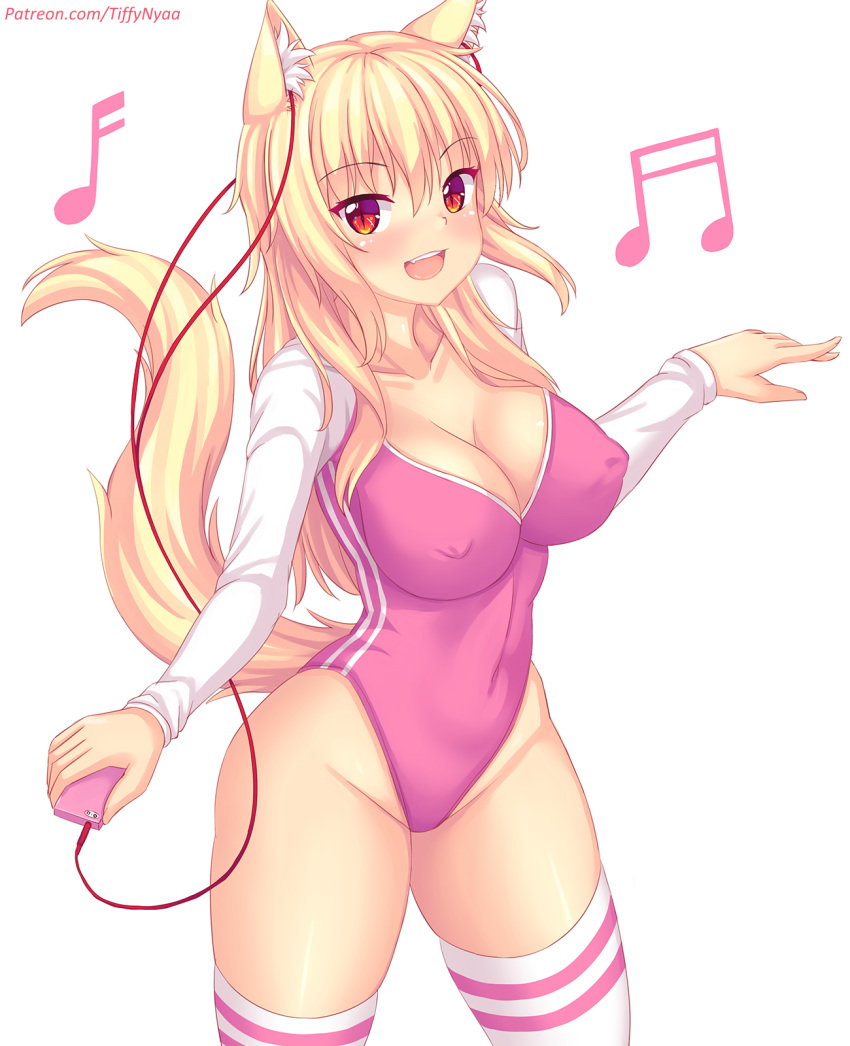 1girl :d animal_ear_fluff animal_ears bangs beamed_sixteenth_notes blonde_hair blush breasts cat_ears cat_girl cat_tail cellphone cleavage commentary covered_navel covered_nipples earbuds earphones eighth_note english_commentary eyebrows_visible_through_hair groin hair_between_eyes highres holding holding_phone leotard long_hair long_sleeves looking_at_viewer medium_breasts musical_note nottytiffy open_mouth original phone pink_leotard red_eyes simple_background slit_pupils smile solo striped striped_legwear tail tail_raised thighhighs tiffy_(nottytiffy) upper_teeth very_long_hair watermark web_address white_background white_legwear