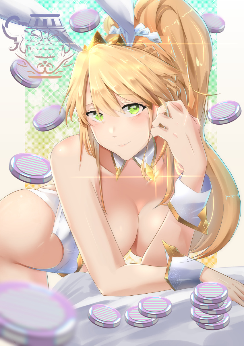 1girl absurdres ahoge animal_ears artoria_pendragon_(all) artoria_pendragon_(swimsuit_ruler)_(fate) ass bangs bare_shoulders blonde_hair blush braid breasts bunny_ears bunnysuit cleavage closed_mouth detached_collar fate/grand_order fate_(series) french_braid green_eyes hair_between_eyes highleg highleg_leotard highres huge_filesize large_breasts leaning_forward leotard long_hair looking_at_viewer nakagawa_kanon_(pixiv32798535) poker_chip ponytail pot_of_greed sidelocks smile tiara white_leotard wrist_cuffs yuu-gi-ou