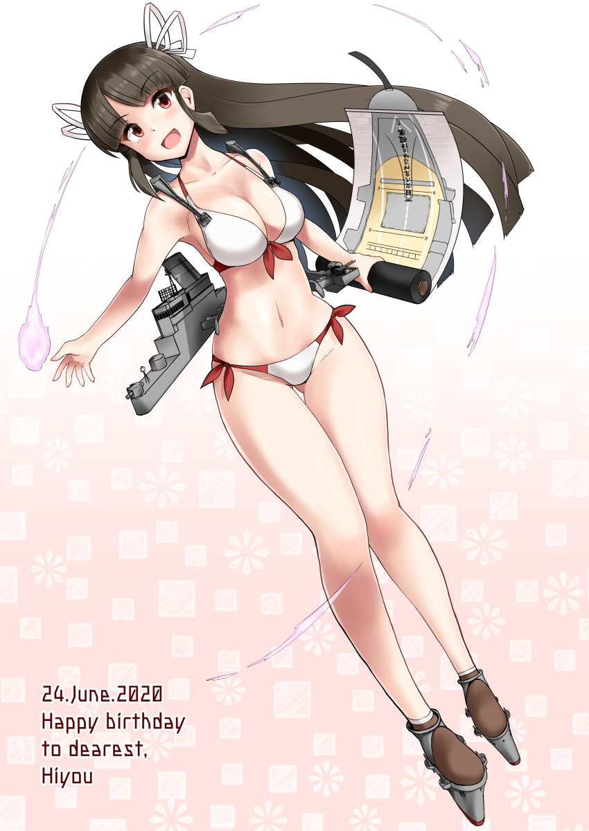 1girl absurdres bikini black_hair breasts english_text full_body hair_ribbon highres hime_cut hiyou_(kantai_collection) holding_scroll kantai_collection large_breasts long_hair magatama minase_(takaoka_nanase) navel onmyouji red_eyes ribbon rigging scroll shikigami side-tie_bikini solo standing swimsuit white_bikini