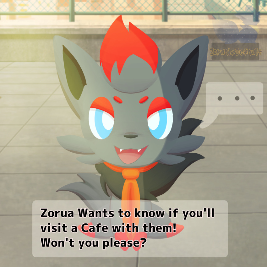 1:1 2020 ambiguous_gender canid canine canis clothed clothing dialogue digital_drawing_(artwork) digital_media_(artwork) english_text feral fox fur hair hi_res lineless mammal nintendo open_mouth pok&eacute;mon pok&eacute;mon_(species) pokemon_cafe_mix smile solo text tongue video_games zorua zoruabydefault