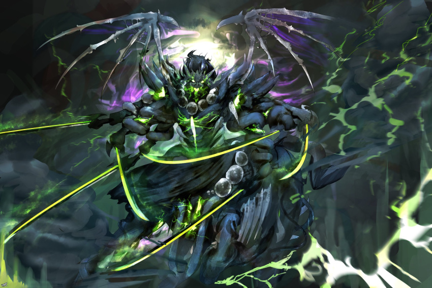 1boy beads black_hair centaur claws cloud extra_arms fate/grand_order fate_(series) glowing glowing_eyes glowing_weapon highres holding horns light long_hair looking_at_viewer mask open_mouth skeletal_wings solo sword very_long_hair weapon wings xiang_yu_(fate/grand_order) xjwk3328