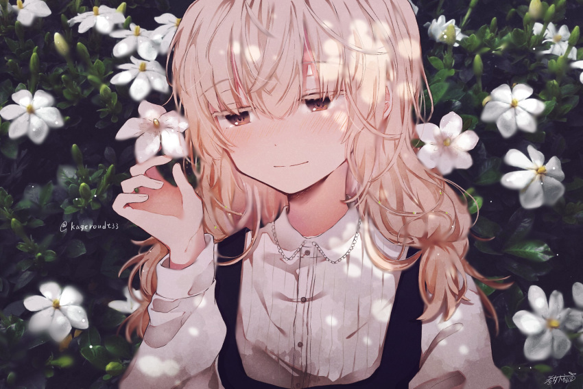 1girl blonde_hair blouse blush brown_eyes bush daifuku_mame_(kageroudt33) flower highres long_sleeves original portrait solo white_blouse