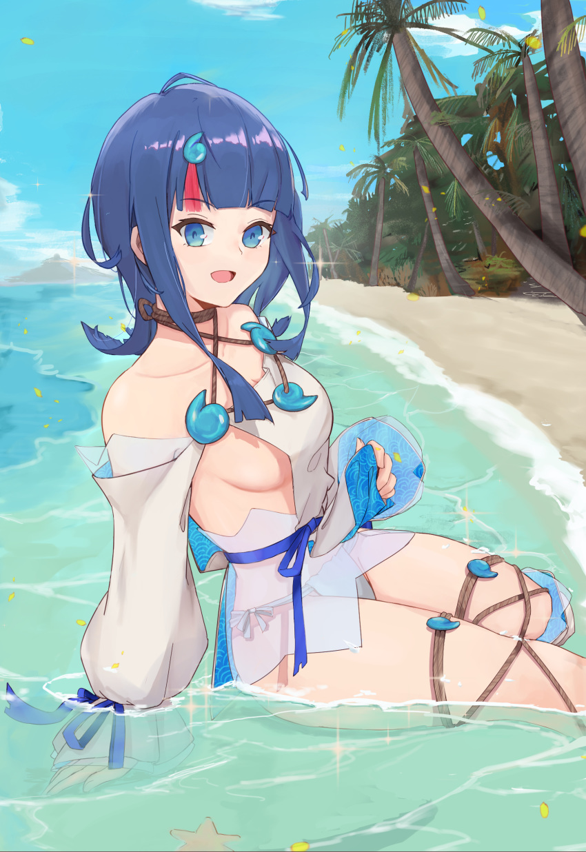 1girl absurdres bangs bare_shoulders beach black_hair blue_eyes blue_ribbon blue_sky blush breasts collarbone detached_leggings dress fate/grand_order fate/requiem fate_(series) fundoshi highres japanese_clothes jewelry jieqie large_breasts long_sleeves looking_at_viewer magatama magatama_hair_ornament medium_hair multicolored_hair necklace open_mouth palm_tree pelvic_curtain pink_hair puffy_long_sleeves puffy_sleeves ribbon shore short_dress sideboob sideless_outfit sitting sky smile streaked_hair thighs tree utsumi_erise white_dress white_legwear