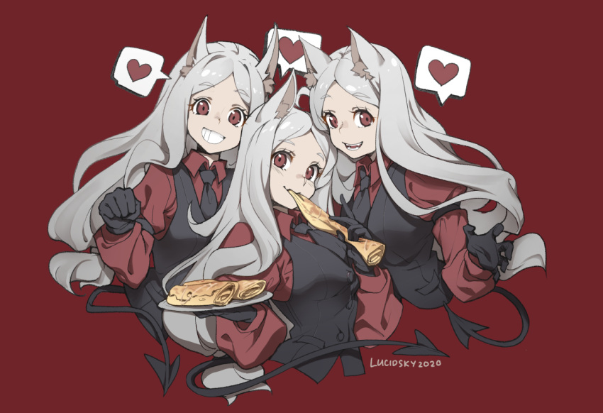 animal_ears cerberus_(helltaker) demon doggirl food gray_hair heart helltaker long_hair lucidsky red red_eyes signed suit tail tie