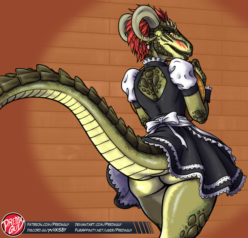 anthro argonian bethesda_softworks blush butt butt_pose clothed clothing feathers female green_body green_skin hi_res horn lifts-her-tail looking_at_viewer looking_back maid_uniform no_underwear pose predaguy scalie solo text the_elder_scrolls uniform url video_games