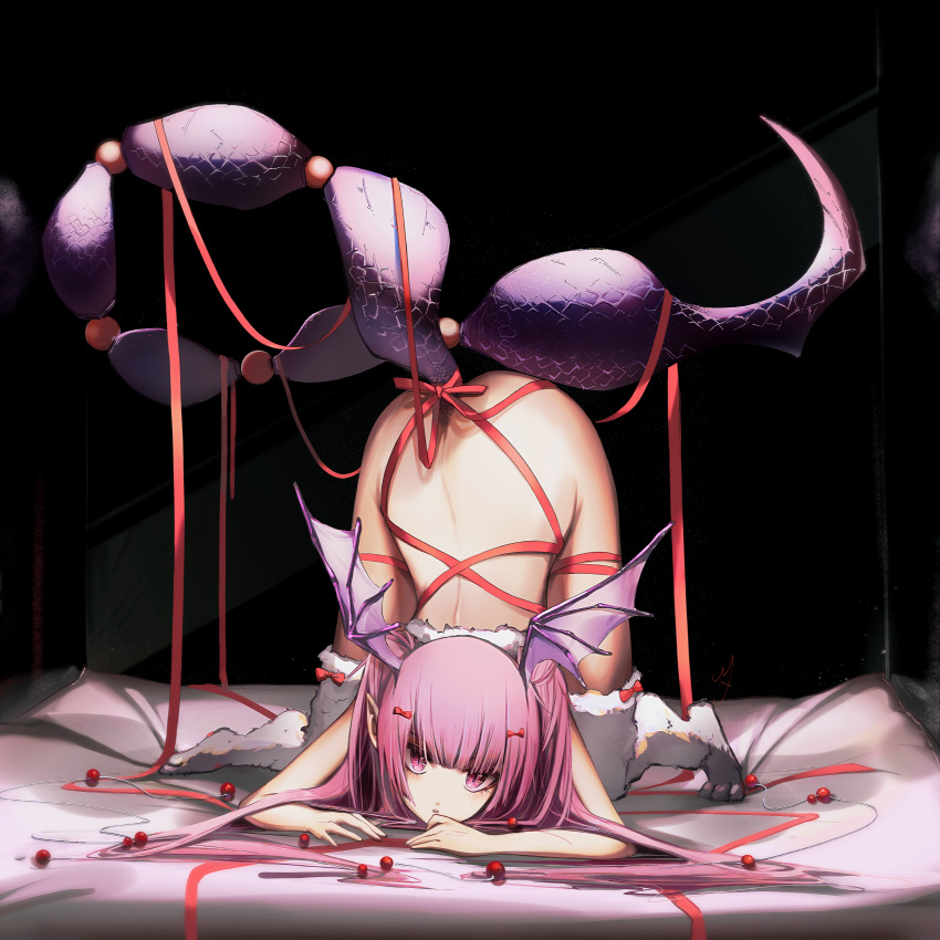 1girl absurdres arknights bed bent_over bow glass hair_bow head_wings highres leg_warmers long_hair looking_back manticore_(arknights) no_panties nyansky pink_eyes pink_hair pointy_ears red_ribbon ribbon scorpion_tail solo tail