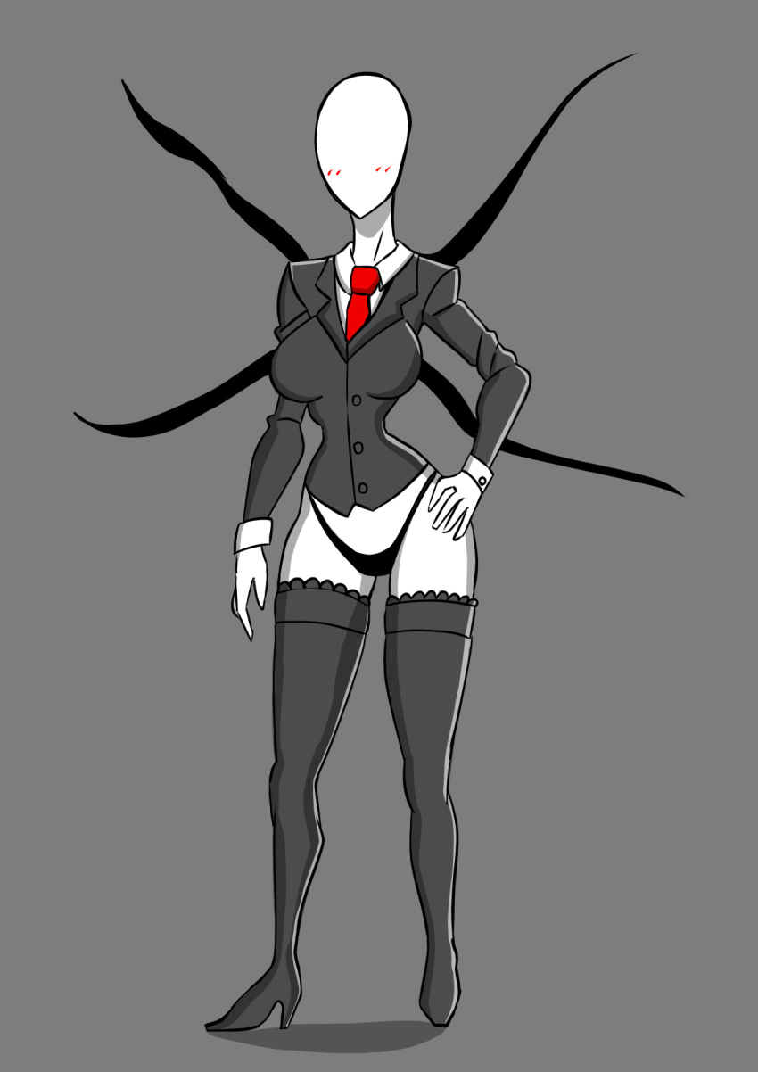 big_breasts blush breasts clothing creepypasta female footwear hi_res high_heeled_boots high_heels humanoid lingerie necktie not_furry shoes simple_background slenderman solo suit tentacles video_games