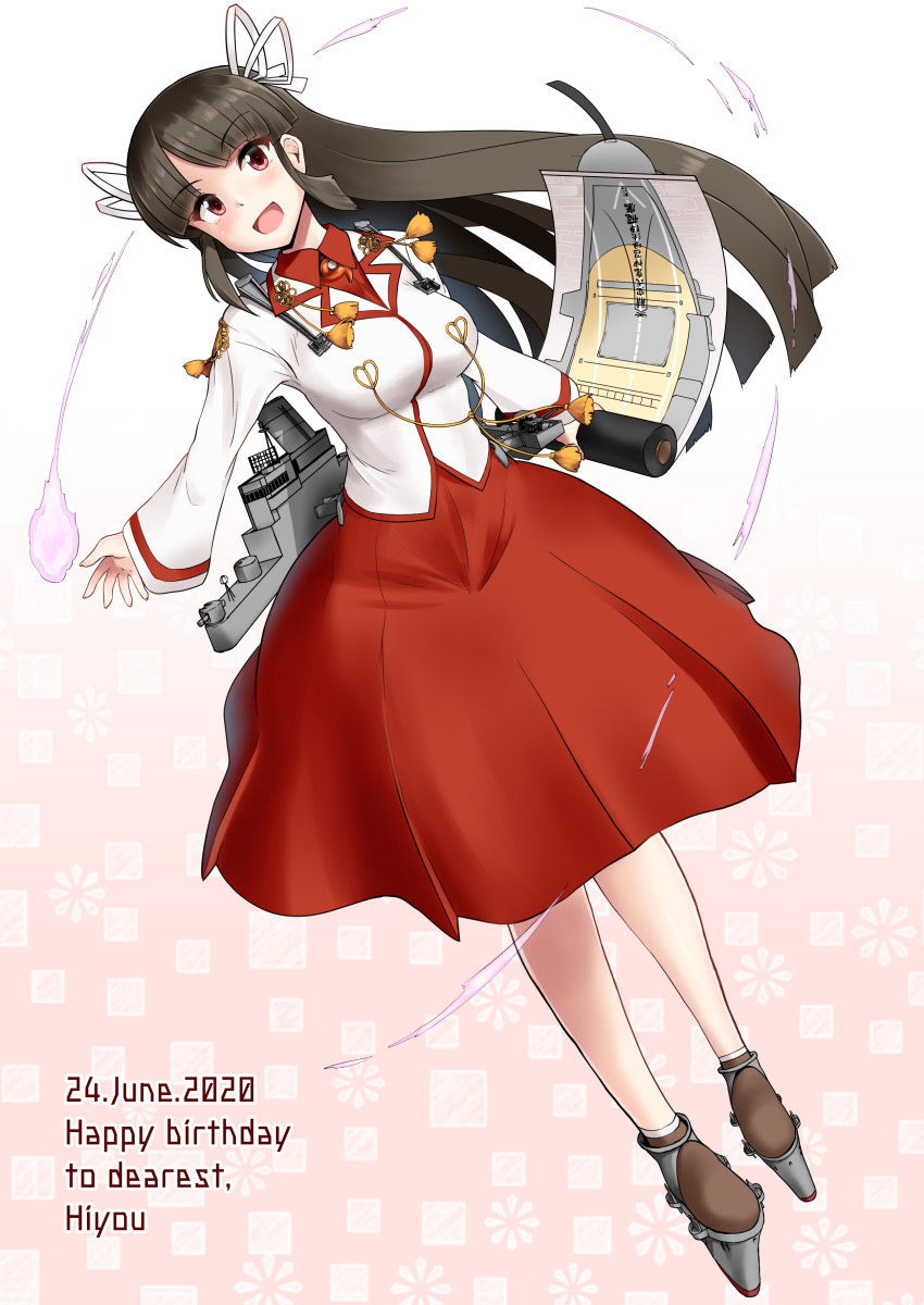 1girl absurdres black_hair blouse breasts dress_shirt english_text full_body hair_ribbon hakama hakama_skirt highres hime_cut hiyou_(kantai_collection) holding_scroll japanese_clothes kantai_collection large_breasts long_hair long_sleeves magatama minase_(takaoka_nanase) onmyouji red_eyes red_hakama ribbon rigging scroll shikigami shirt solo standing