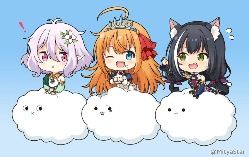 ! ... ._. 3girls :3 :x ;d ahoge animal_ear_fluff animal_ears antenna_hair bangs bare_shoulders black_hair blue_background blue_eyes blue_sleeves blush breasts bridal_gauntlets cat_ears closed_mouth cloud commentary_request detached_sleeves dress eating eyebrows_visible_through_hair flower flying_sweatdrops gradient gradient_background green_sleeves hair_between_eyes hair_flower hair_ornament hair_ribbon holding karyl_(princess_connect!) kokkoro_(princess_connect!) long_hair long_sleeves looking_at_another looking_at_viewer looking_to_the_side low_twintails medium_breasts miicha multiple_girls one_eye_closed open_mouth orange_hair pecorine photoshop_(medium) pink_eyes planted_sword planted_weapon pointy_ears princess_connect! princess_connect!_re:dive puffy_long_sleeves puffy_short_sleeves puffy_sleeves purple_ribbon red_ribbon ribbon see-through see-through_sleeves shirt short_sleeves shrug_(clothing) silver_hair sleeveless sleeveless_dress sleeveless_shirt sleeves_past_wrists smile solid_circle_eyes sword tears tiara twintails twitter_username upper_teeth very_long_hair weapon white_dress white_flower white_shirt