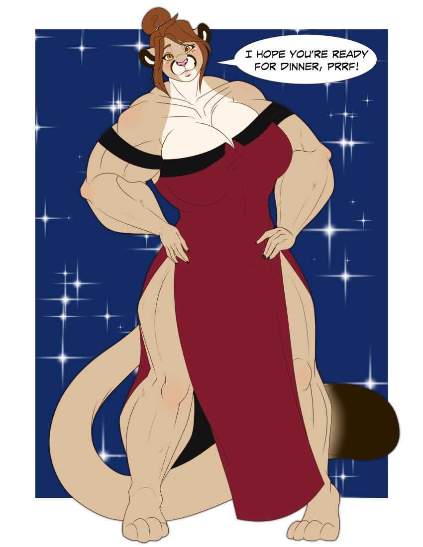 anthro big_breasts breasts cleavage clothed clothing dialogue dress entropystar felid female hand_on_hip hi_res mammal muscular muscular_female solo