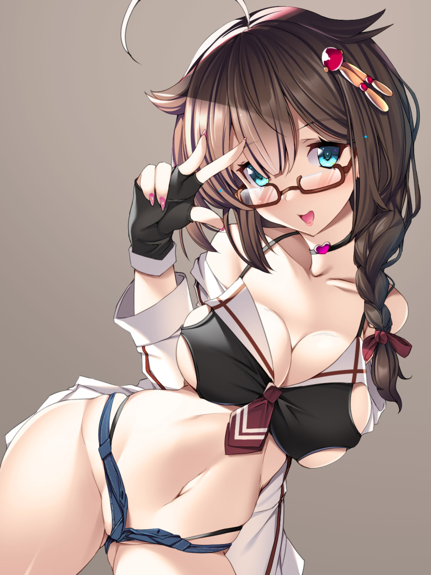 ahoge blue_eyes braid breasts brown_hair cleavage commentary_request covered_nipples crop_top denim denim_shorts dolphin_shorts fingerless_gloves glasses gloves hair_flaps hair_ornament hair_over_shoulder highres kantai_collection large_breasts micro_shorts nail_polish navel neckerchief necktie open_clothes open_shorts remodel_(kantai_collection) semi-rimless_eyewear shigure_(kantai_collection) shorts single_braid thong torisan under-rim_eyewear undersized_clothes