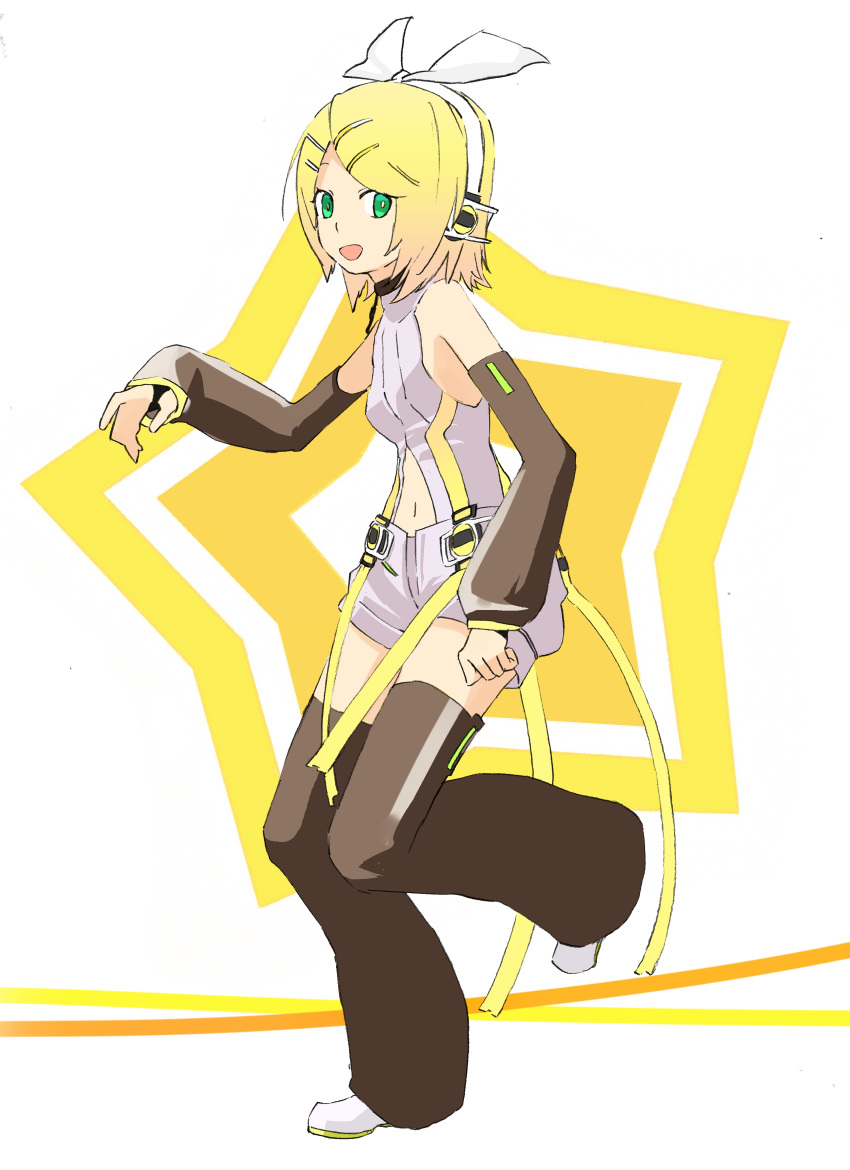 1girl absurdres black_legwear black_shorts black_sleeves blonde_hair collar d_futagosaikyou detached_sleeves full_body green_eyes hand_up headphones highres kagamine_rin kagamine_rin_(append) leg_up leg_warmers looking_at_viewer navel open_mouth shirt shorts sleeveless sleeveless_shirt smile standing star_(symbol) vocaloid vocaloid_append white_footwear white_shirt