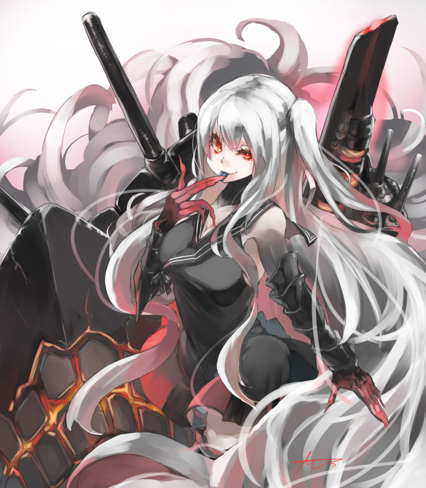 1girl aircraft_carrier_hime akicosmossakasa bangs black_dress breasts cannon cleavage dress finger_to_tongue hair_between_eyes highres kantai_collection long_hair pale_skin red_eyes shinkaisei-kan side_ponytail solo tongue tongue_out very_long_hair white_hair white_skin