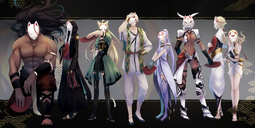 4boys 4girls absurdres ahoge animal_ears asclepius_(fate/grand_order) atalanta_(fate) berserker black_hair blonde_hair boots bracelet caenis_(fate) caster_lily castor_(fate/grand_order) dark_skin dark_skinned_male fan fate/apocrypha fate/grand_order fate/stay_night fate_(series) fox_mask grin highres hood jason_(fate/grand_order) jewelry long_hair mask multiple_boys multiple_girls one_knee pollux_(fate/grand_order) ponytail purple_hair robe shin'ya_(yukiura) sleeves_past_fingers sleeves_past_wrists smile tail thigh_boots thighhighs white_hair