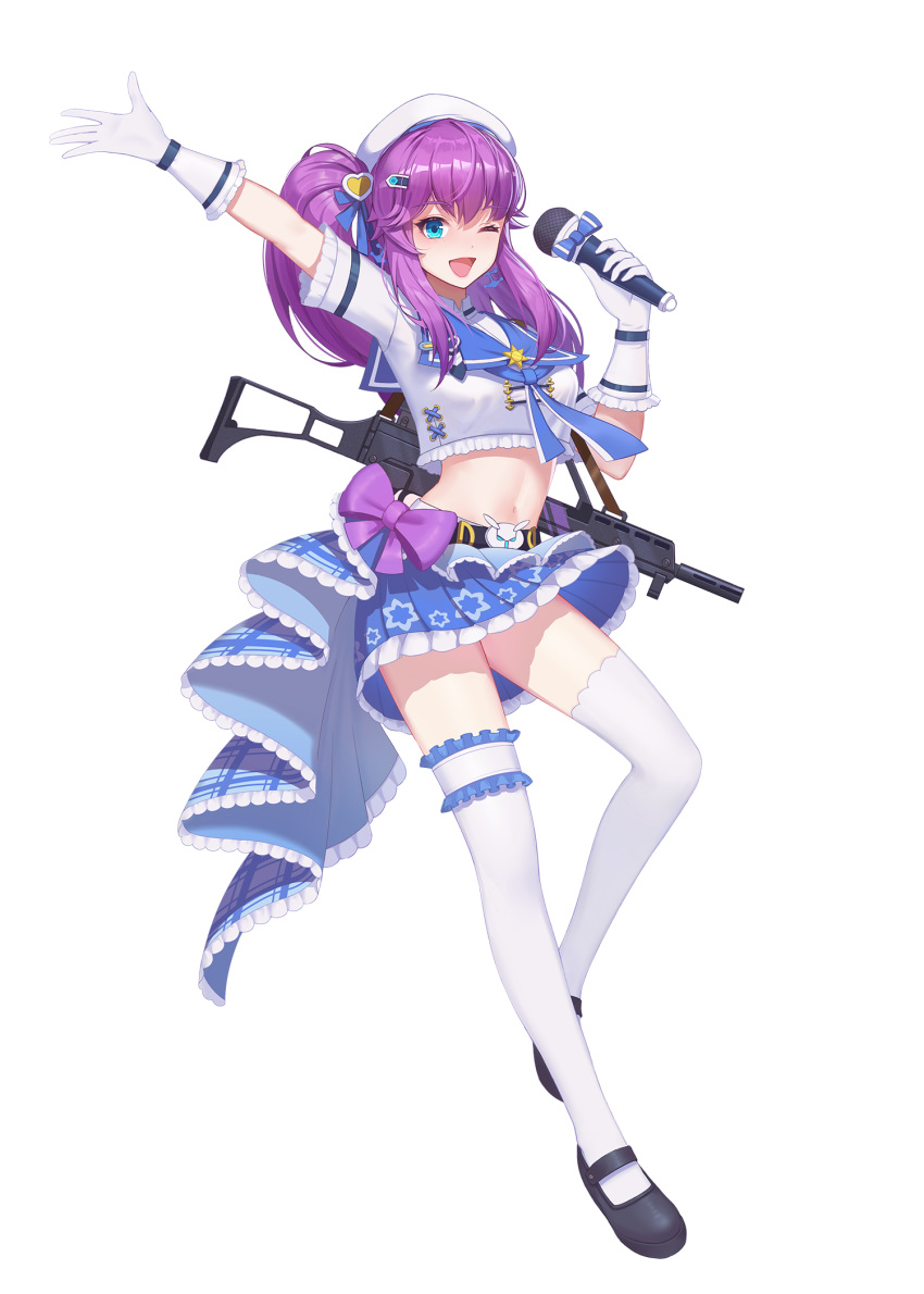 1girl ;d argent_wing arm_up assault_rifle belt beret black_footwear blue_eyes blue_skirt bow breasts crop_top crop_top_overhang frilled_shirt frills full_body g36_(argent_wing) gloves gun h&amp;k_g36 hand_up hat highres holding idol long_hair looking_at_viewer mary_janes medium_breasts microphone midriff miniskirt navel official_art one_eye_closed one_side_up open_mouth outstretched_arm pleated_skirt purple_bow purple_hair rifle sailor_collar shirt shoes short_sleeves skirt smile solo stomach thighhighs thighs transparent_background weapon white_gloves white_headwear white_legwear white_shirt zettai_ryouiki