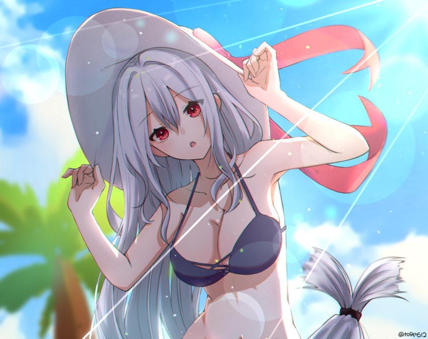 1girl :o amopui arknights armpits arms_up artist_name bangs bare_arms bare_shoulders bikini black_bikini blue_sky blurry blurry_background breasts collarbone commentary day eyebrows_visible_through_hair hair_between_eyes halterneck hands_up hat large_breasts lens_flare long_hair looking_at_viewer low-tied_long_hair open_mouth outdoors red_eyes silver_hair skadi_(arknights) sky solo stomach strap_gap string_bikini sun_hat swimsuit tree twitter_username upper_body very_long_hair white_headwear