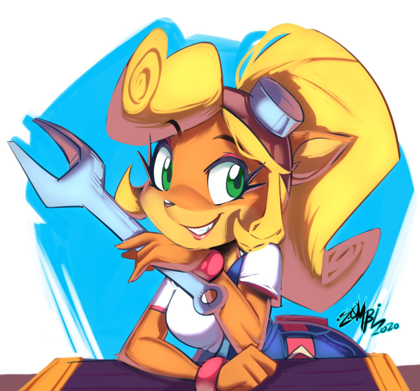 2020 activision anthro blonde_hair breasts clothing coco_bandicoot crash_bandicoot_(series) eyewear eyewear_on_head female goggles goggles_on_head green_eyes hair hi_res lipstick long_hair makeup mammal marsupial signature smile solo teeth tools video_games z0mbieraptor