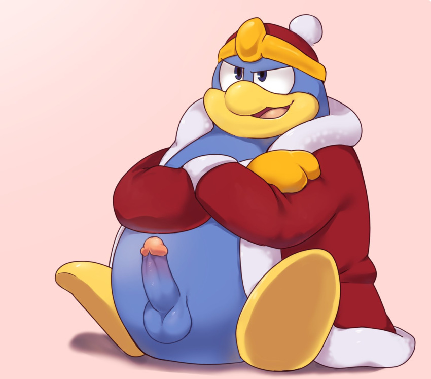 anthro avian balls bird blue_body clothing cocky crossed_arms crown erection genitals gloves handwear hi_res humanoid_genitalia humanoid_penis king_dedede kirby_(series) male nintendo penguin penis pink_background red_robe robe simple_background sitting smile smirk solo st637 video_games white_background yellow_feet