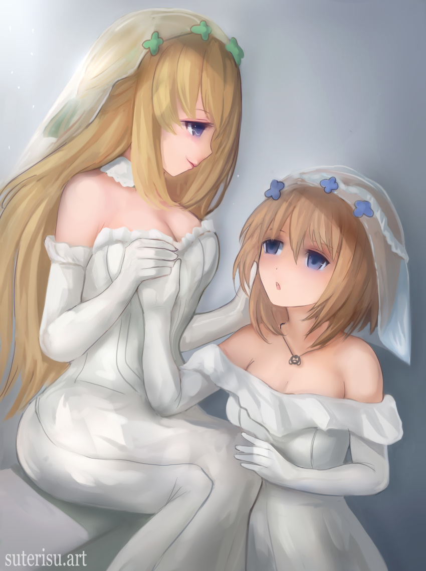 2girls :o artist_name blanc blonde_hair blue_eyes blush breasts bridal_veil brown_hair cleavage collarbone commentary dress elbow_gloves eye_contact gloves hand_on_another's_face hand_on_another's_knee highres holding_hands jewelry large_breasts lipstick long_hair looking_at_another makeup medium_breasts multiple_girls necklace neptune_(series) short_hair simple_background sitting suterisu veil vert wedding_dress wife_and_wife yuri