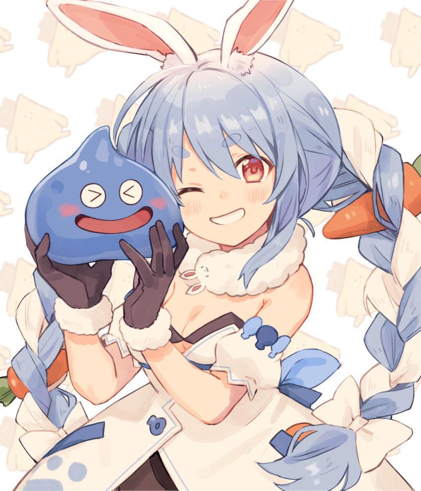 animal_ear_fluff animal_ears black_gloves blue_hair braid bunny-shaped_pupils bunny_ears bunny_girl carrot carrot_hair_ornament dragon_quest food_themed_hair_ornament fur-trimmed_gloves fur_scarf fur_trim gloves hair_ornament highres holding hololive long_braid long_hair looking_at_viewer one_eye_closed orqz parted_lips red_eyes slime_(dragon_quest) smile thick_eyebrows twin_braids upper_body usada_pekora white_hair