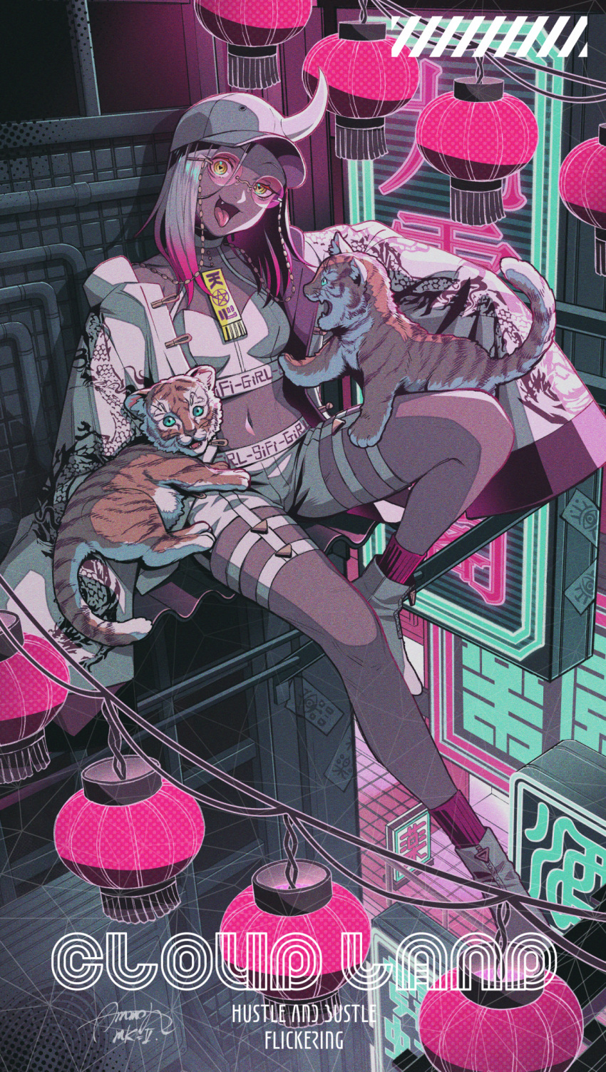 1girl baseball_cap cyberpunk dark_skin english_text fang glasses halftone hat highres horns jacket kura1582 limited_palette long_sleeves multicolored_hair navel open_mouth original pink-tinted_eyewear pink_hair red_legwear shorts single_horn socks solo tiger tongue tongue_out triangle-shaped_pupils two-tone_hair white_footwear white_hair white_jacket white_shorts yellow_eyes