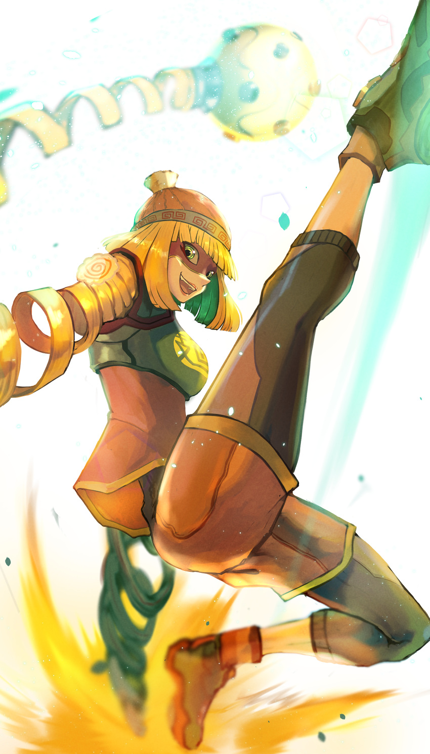 1girl :d absurdres al_bhed_eyes arms_(game) bangs blonde_hair blunt_bangs blunt_ends chuuni227 commentary_request crop_top domino_high_school_uniform flying_kick food from_below green_eyes green_footwear green_shirt highres kamaboko kicking knit_hat layered_clothing leg_up legwear_under_shorts lipstick looking_down makeup meandros megawatt_(arms) min_min_(arms) multicolored multicolored_clothes multicolored_headwear narutomaki open_mouth orange_headwear orange_shorts pantyhose print_headwear school_uniform shirt shoes short_hair shorts simple_background smile sneakers socks solo white_background
