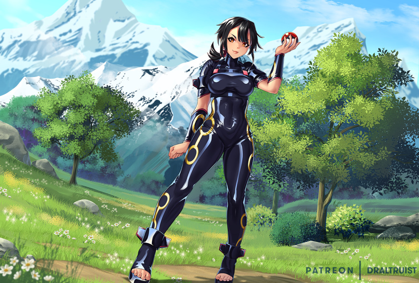 1girl alternate_costume artist_name bangs black_bodysuit black_hair bodysuit bracer breasts clenched_hand closed_mouth cloud commentary day dr_altruist eyelashes flower grass holding holding_poke_ball legs_apart looking_at_viewer mountain orange_eyes outdoors poke_ball poke_ball_(basic) pokemon pokemon_(game) pokemon_oras rock shiny shiny_clothes skin_tight sky smile solo standing tied_hair toeless_footwear toes tree white_flower zinnia_(pokemon)