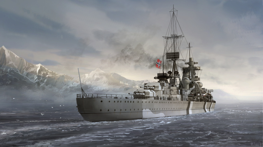 dusk flag grey_sky heavy_cruiser highres imperial_german_flag mast military military_vehicle mountain no_humans ocean original outdoors prinz_eugen_(cruiser) scenery seo_tatsuya ship smoke smokestack turret warship water watercraft