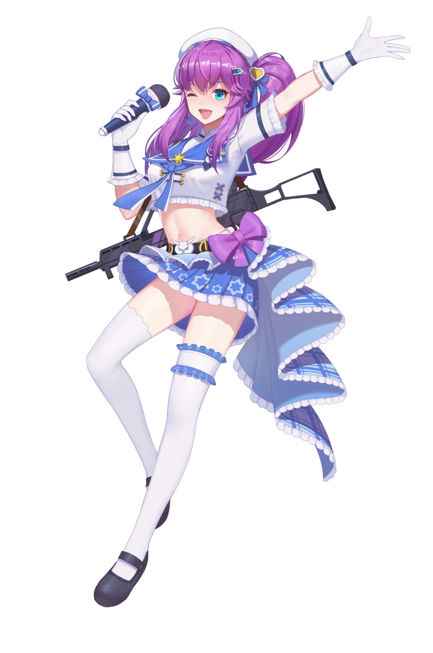 1girl ;d absurdres argent_wing arm_up assault_rifle belt beret black_footwear blue_eyes blue_skirt bow breasts crop_top crop_top_overhang frilled_shirt frills full_body g36_(argent_wing) gloves gun h&amp;k_g36 hand_up hat highres holding idol long_hair looking_at_viewer mary_janes medium_breasts microphone midriff miniskirt navel official_art one_eye_closed one_side_up open_mouth outstretched_arm pleated_skirt purple_bow purple_hair rifle sailor_collar shirt shoes short_sleeves simple_background skirt smile solo stomach thighhighs thighs weapon white_background white_gloves white_headwear white_legwear white_shirt zettai_ryouiki