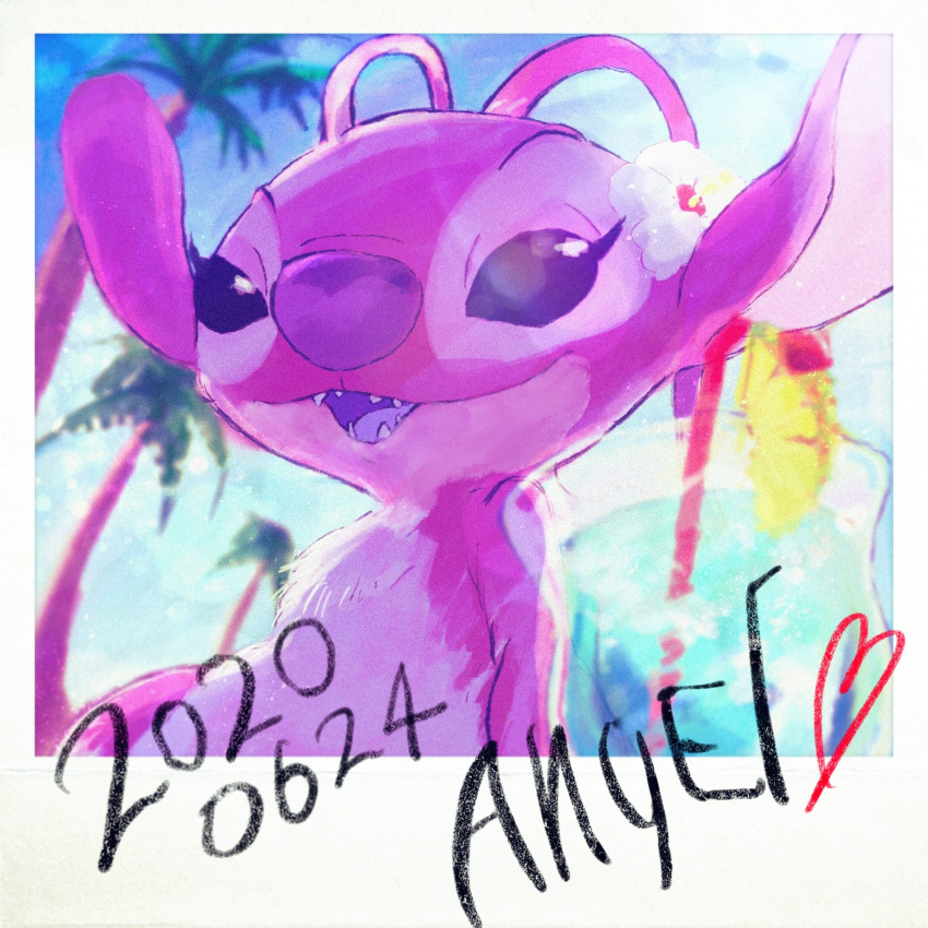 &lt;3 1:1 2020 alien angel_(lilo_and_stitch) antennae_(anatomy) autograph beverage chest_markings cocktail_garnish depth_of_field disney experiment_(lilo_and_stitch) eyelashes flower food fruit fur grainy hi_res hibiscus lilo_and_stitch looking_at_viewer markings open_mouth open_smile palm_tree pineapple pineapple_slice pink_body pink_fur plant polaroid purple_eyes purple_mouth purple_tongue sgr smile solo straw tongue tree