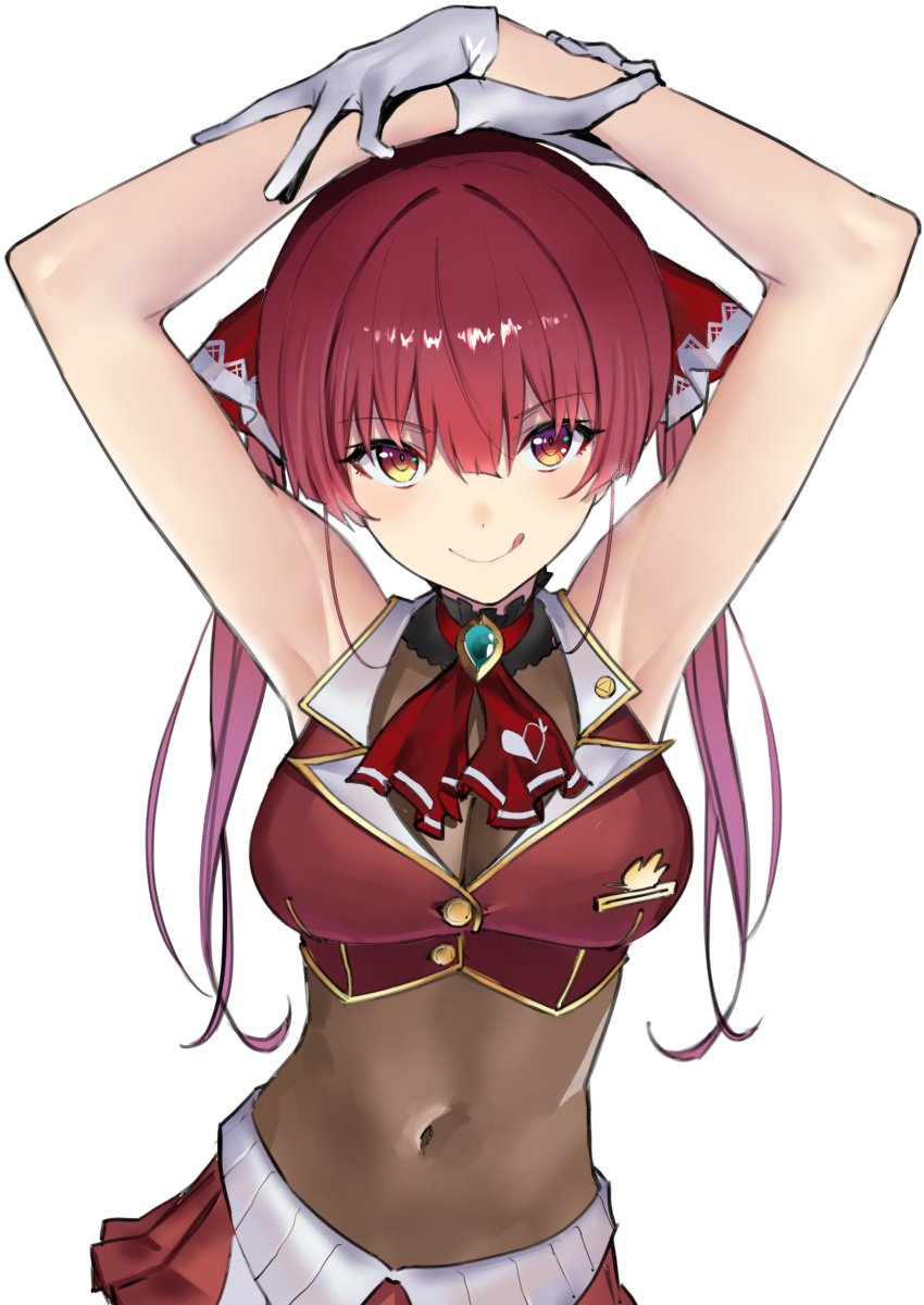 1girl absurdres armpits arms_behind_head arms_up ascot bangs blush bodystocking breasts brooch closed_mouth covered_navel crop_top gloves heterochromia highres hololive houshou_marine jewelry jikatarou licking_lips long_hair looking_at_viewer red_eyes red_hair red_neckwear red_shirt shirt simple_background sleeveless smile tongue tongue_out twintails virtual_youtuber white_background white_gloves yellow_eyes