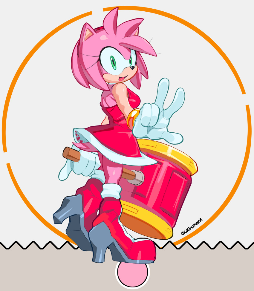 2020 absurd_res accessory amy_rose anthro breasts cashumeru clothing dress eulipotyphlan female footwear gloves green_eyes hair_accessory hairband hammer handwear hedgehog hi_res mammal open_mouth open_smile pink_body pink_skin signature smile solo sonic_the_hedgehog_(series) tools video_games