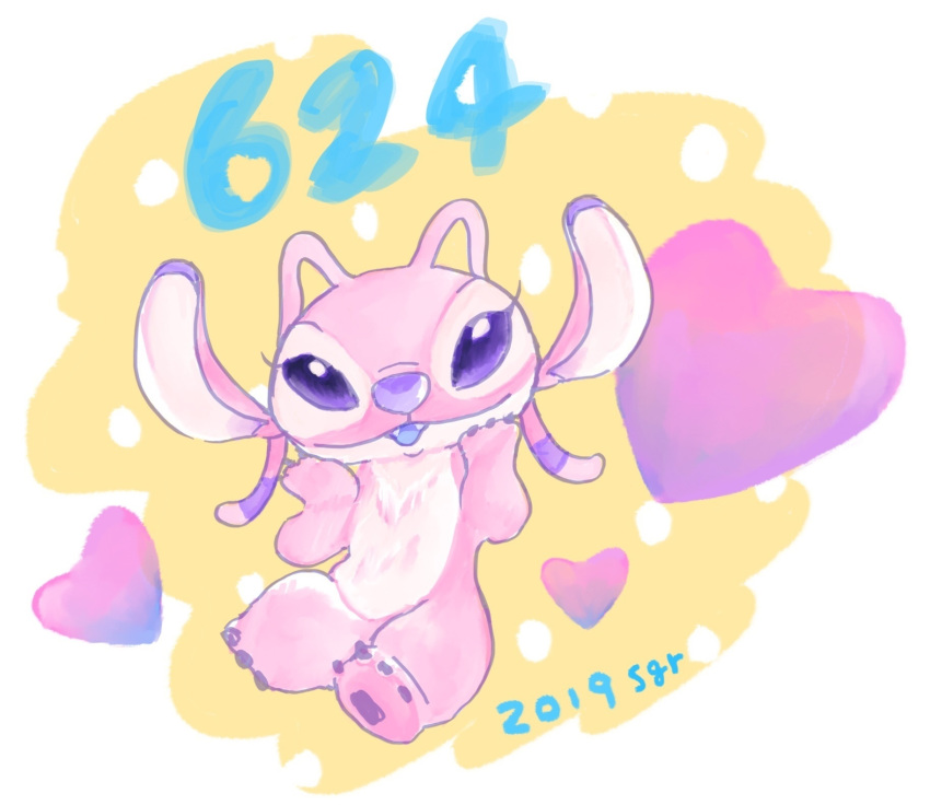 &lt;3 2019 4_toes alien angel_(lilo_and_stitch) antennae_(anatomy) blue_tongue chest_markings colored_sketch disney experiment_(lilo_and_stitch) eyelashes fur hand_on_face hi_res lilo_and_stitch looking_at_viewer markings multicolored_antennae pawpads pink_antennae pink_body pink_fur purple_nose purple_pawpads sgr simple_background solo toes tongue two_tone_antennae