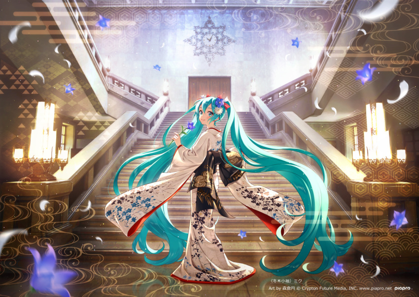 1girl absurdly_long_hair aqua_hair bangs black_bow blue_flower blush bow clock closed_mouth commentary_request door floral_print flower from_behind green_eyes hair_between_eyes hair_flower hair_ornament hatsune_miku holding holding_flower indoors japanese_clothes kimono long_hair long_sleeves looking_at_viewer looking_back morikura_en official_art print_kimono smile solo stairs standing twintails very_long_hair vocaloid wall_clock watermark white_flower white_kimono wide_sleeves
