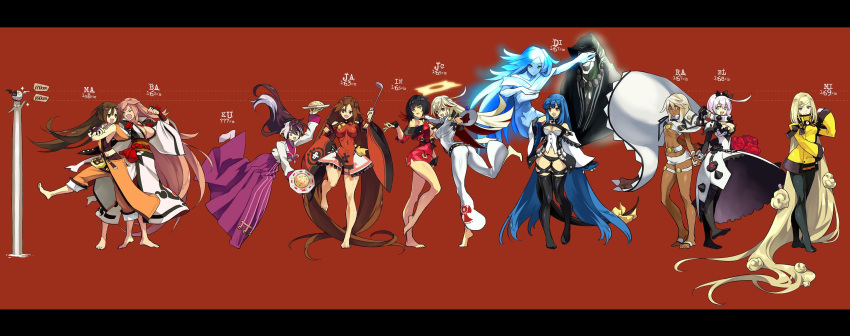 6+girls absurdres ahoge ass baiken bangs bare_legs barefoot belt black_hair black_legwear black_panties blonde_hair blue_eyes blue_hair breasts brown_hair chinese_clothes cleavage detached_sleeves dizzy_(guilty_gear) dress elphelt_valentine feet fingerless_gloves flower food frown gloves grey_hair guilty_gear guilty_gear_xrd hair_between_eyes hair_down halo height_chart height_difference highres holding_hands huge_breasts i-no initial jako_(toyprn) japanese_clothes kimono korean_clothes kum_haehyun kuradoberi_jam ladle large_breasts long_hair may_(guilty_gear) md5_mismatch midriff millia_rage monster_girl multicolored_hair multiple_girls necro_(guilty_gear) otter panties pantyhose parted_lips pink_hair ramlethal_valentine red_background ribbon rose short_hair simple_background tail tail_ribbon thigh_gap thigh_strap thighhighs thighs underwear undine_(guilty_gear) very_long_hair yellow_ribbon