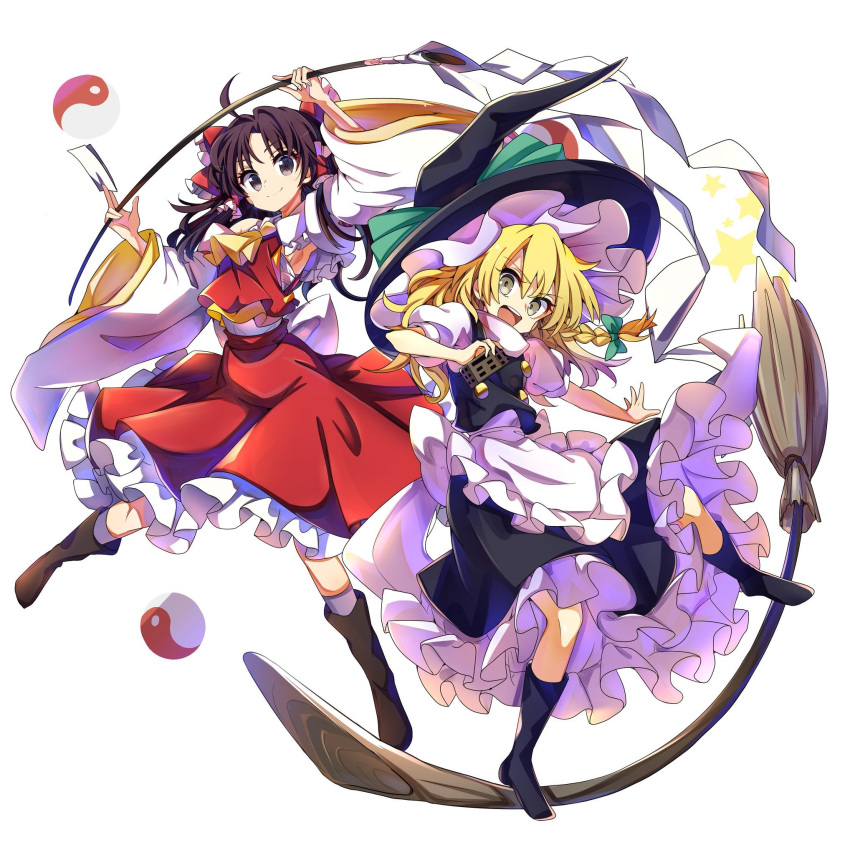 2girls apron armpits ascot baba_(baba_seimaijo) bangs black_footwear black_skirt black_vest blonde_hair boots bow braid broom broom_surfing brown_eyes brown_footwear brown_hair buttons commentary_request detached_sleeves frilled_skirt frills full_body gohei green_bow hair_bow hakurei_reimu hat hat_bow highres kirisame_marisa long_hair looking_at_viewer mini-hakkero multiple_girls nontraditional_miko ofuda open_mouth puffy_short_sleeves puffy_sleeves red_shirt red_skirt ribbon-trimmed_sleeves ribbon_trim sarashi shirt short_sleeves sidelocks single_braid skirt sleeveless sleeveless_shirt star_(symbol) touhou vest waist_apron white_background white_legwear wide_sleeves witch_hat yellow_neckwear yin_yang_orb