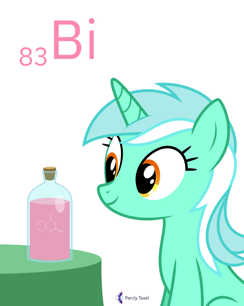 2020 4:5 absurd_res bismuth_(element) blue_hair bottle cork english_text equid equine female feral friendship_is_magic green_body green_eyes hair hasbro hi_res horn lyra_heartstrings_(mlp) mammal multicolored_hair my_little_pony parclytaxel signature simple_background sitting smile solo text two_tone_hair unicorn white_background