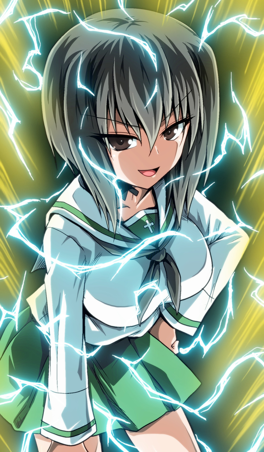 1girl absurdres aura black_choker black_neckwear blouse choker commentary dragon_ball dragon_ball_z electricity eyebrows_visible_through_hair girls_und_panzer half-closed_eyes hand_on_hip highres kamishima_kanon kawashima_momo leaning_forward long_sleeves looking_at_viewer miniskirt neckerchief ooarai_school_uniform open_mouth pleated_skirt ribbon_choker sailor_collar school_uniform serafuku skirt smirk smug solo standing super_saiyan super_saiyan_2 v-shaped_eyebrows white_blouse white_sailor_collar