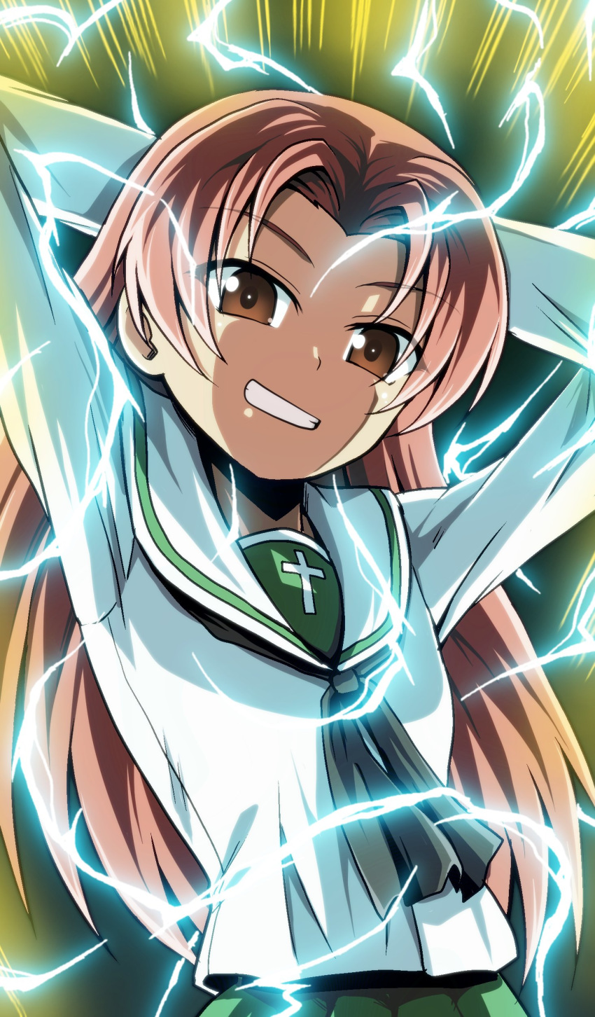 1girl absurdres alternate_hairstyle arms_behind_head arms_up aura bangs black_neckwear blouse brown_eyes brown_hair commentary dragon_ball dragon_ball_z electricity eyebrows_visible_through_hair girls_und_panzer green_skirt grin hair_down highres kadotani_anzu kamishima_kanon long_hair long_sleeves looking_at_viewer neckerchief ooarai_school_uniform parted_bangs pleated_skirt sailor_collar school_uniform serafuku skirt smile smirk smug solo standing super_saiyan super_saiyan_2 twintails white_blouse white_sailor_collar