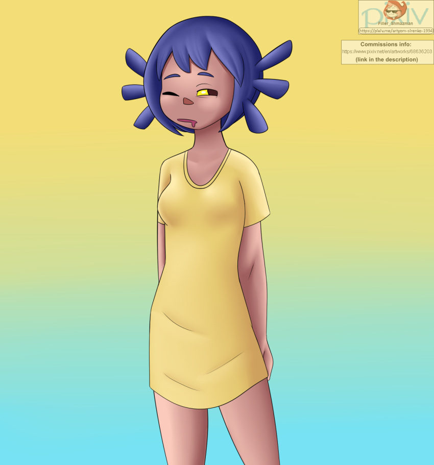 ambiguous_gender animal_humanoid blue_hair cat_humanoid clothing dress felid felid_humanoid feline feline_humanoid hair hi_res human humanoid mammal mammal_humanoid niko_(oneshot) oneshot shmazman solo solo_focus video_games yellow_clothing yellow_dress yellow_eyes