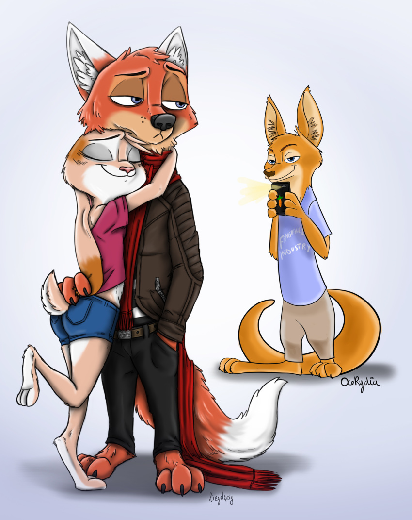 absurd_res anthro bad_guy_cafe barefoot blue_eyes bottomwear brown_body brown_fur camera canid canine cimar claws clothing dipstick_ears dipstick_tail female fox fur group hand_behind_back hi_res holding_object holding_phone hug inner_ear_fluff interspecies jacket kangaroo lagomorph leporid macropod male mammal marsupial multicolored_ears multicolored_tail ocerydia ocerydia_zoona on_one_leg orange_body orange_fur pants phone rabbit scarf shirt shorts simple_background standing tan_body tan_fur toe_claws topwear tuft ziegelzeig ziegelzeig_zoona