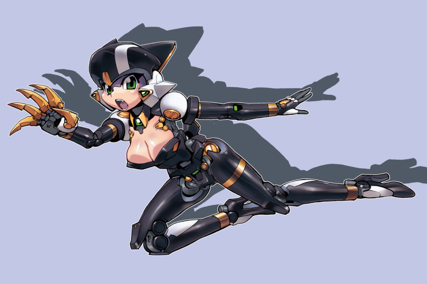 android breasts claws cleavage fang green_eyes high_heels joints looking_at_viewer matagitii mechanical_ears open_hand open_mouth original purple_background robot robot_joints