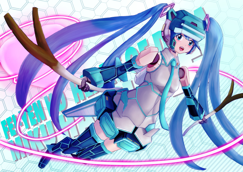 absurdres blue_eyes blue_hair blue_neckwear character_name cosplay fei-yen fei-yen_(cosplay) food hatsune_miku highres holding holding_food joints looking_at_viewer mecha_musume necktie nikochiku robot_joints spring_onion thighhighs twintails virtual_on vocaloid zettai_ryouiki