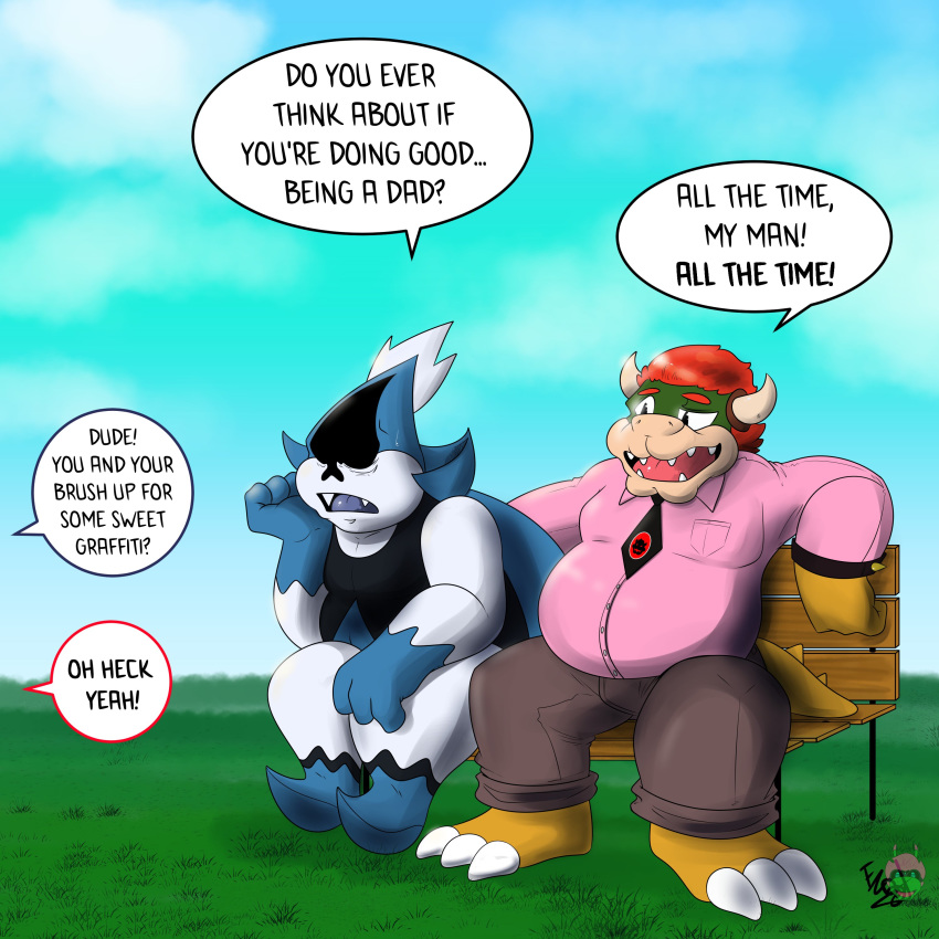 1:1 absurd_res anthro bench bottomwear bowser casual_clothing claws clothed clothing darkner deltarune dialogue dress_shirt duo english_text eyebrows ezdbud fully_clothed grass hi_res humanoid king_spade koopa male mammal mario_bros necktie nintendo open_mouth pants reptile scalie shell-less shirt sit_down sitting speech_bubble teeth text thick_eyebrows topwear video_games