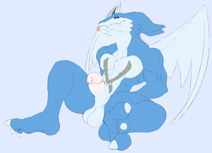 absurd_res anthro blue_body claws digimon digimon_(species) exveemon feet foot_focus genitals hi_res horn humanoid humanoid_genitalia male matidramon muscular muscular_male navel nude pecs penis pose red_eyes solo wings