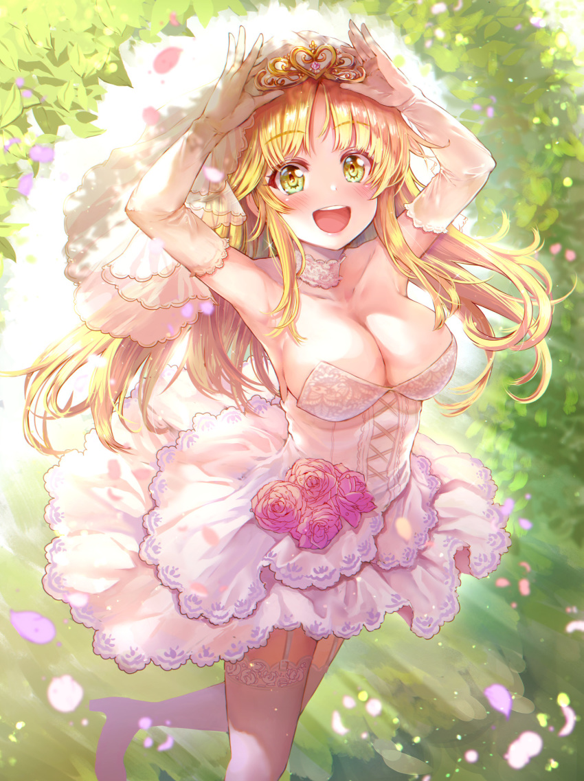 1girl :d arch armpits arms_up bang_dream! bangs bare_shoulders blonde_hair blush breasts bridal_veil choker cleavage collarbone commentary_request cowboy_shot dress elbow_gloves eyebrows_visible_through_hair falling_petals flower frilled_dress frills garter_straps gloves high_heels highres holding kamita large_breasts light_rays long_hair looking_at_viewer open_mouth pink_flower pink_rose plant rose shadow sidelocks smile solo standing standing_on_one_leg strapless strapless_dress sunbeam sunlight thighhighs tiara tsurumaki_kokoro upper_teeth veil wedding_dress white_choker white_dress white_gloves white_hair yellow_eyes zettai_ryouiki