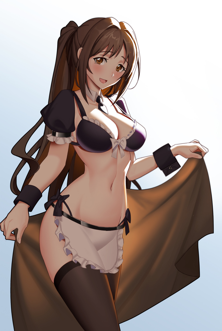 1girl alternate_costume apron bangs bikini black_bikini black_legwear black_neckwear blush bow breasts brown_eyes brown_hair detached_collar enmaided eyebrows_visible_through_hair frilled_apron frilled_bikini frilled_sleeves frills gradient gradient_background highres holding idolmaster idolmaster_cinderella_girls large_breasts lipstick long_hair looking_at_viewer maid maid_bikini makeup navel necktie northman one_side_up open_mouth puffy_short_sleeves puffy_sleeves shimamura_uzuki short_necktie short_sleeves shrug_(clothing) side-tie_bikini slender_waist smile solo stomach strap_gap swimsuit thighhighs towel very_long_hair waist_apron white_apron white_bow wrist_cuffs